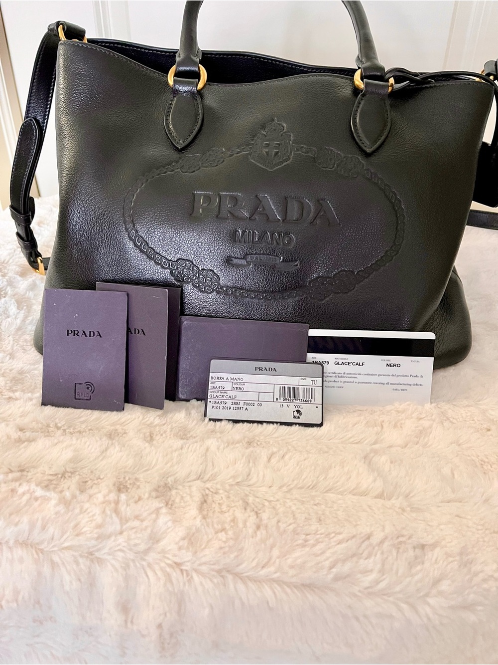 Prada Black Leather Glacé Calfskin Embossed Leather Logo Tote (Authentic) - Picture 14 of 15